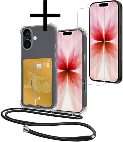 Hoes Geschikt voor Apple iPhone 17 Hoesje Pasjeshouder Cover Met Koord Shock Proof Case Siliconen Hoes Met Telefoonkoord en Kaarthouder Met Screenprotector - Transparant