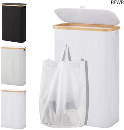 RFWR® Wasmand met Deksel - 48 Liter Smal en Opvouwbaar met Waszak - Houten en Bamboe Design