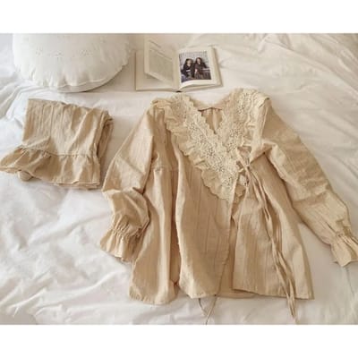 Dames Leuke Bloemen Borduurwerk Kant V-hals Pyjamasets.Vintage Dame Vetersluiting Prinses Pyjamaset.Slaapkleding Loungewear Nachtkleding L kaki