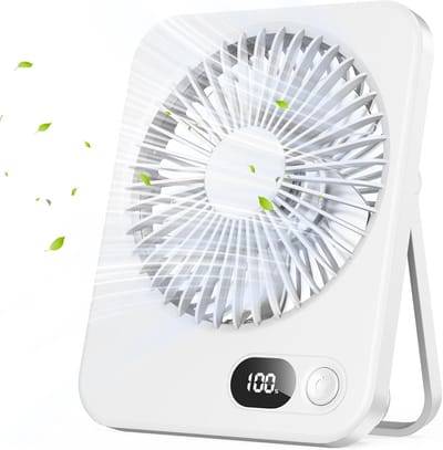 Draagbare bureauventilator – 3000 mAh hand-/ophangventilator USB, 5 snelheden, tot 8 uur, verstelbare hoek 180°, laag geluidsniveau, LED-display – draadloze oplaadbare ventilator voor thuis, kantoor, buiten.