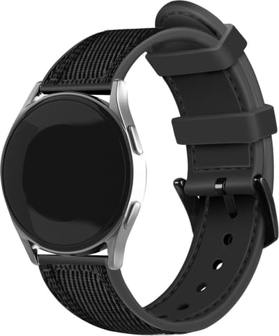 Strap-it Nylon hybrid bandje - geschikt voor Samsung Galaxy Watch 7 (40 & 44mm) / Galaxy Watch 6 (Classic) / Watch 5 / Watch 5 Pro / Watch 4 (Classic) / Watch FE - nylon / siliconen horlogeband voor Galaxy Watch 4-5-6 alle varianten - zwart