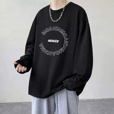 T-shirt à manches longues pour hommes, printemps et automne, décontracté, polyvalent, tendance, ample, en coton, pour couple 3XL black