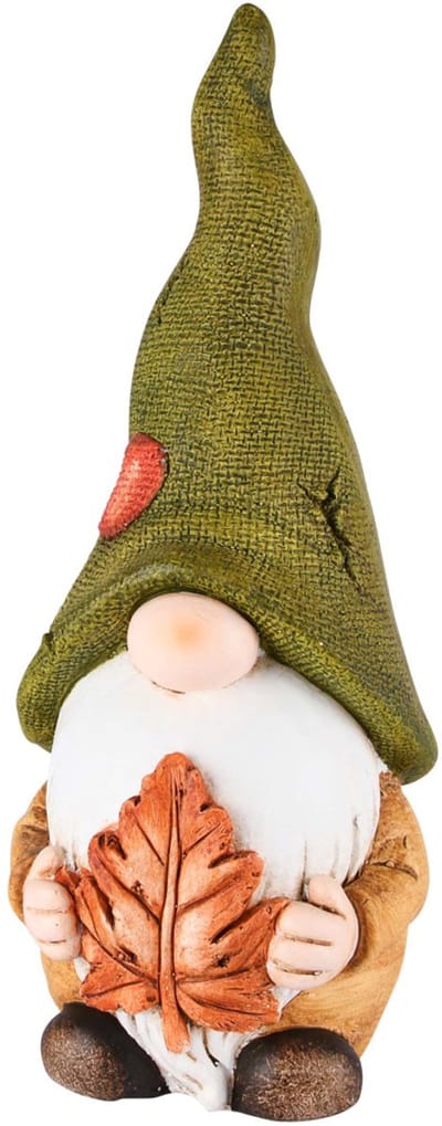 Gnoom Herfst met blaadje magnesium 40 cm hoog - beeld - tuinbeeld - hoogkwalitatieve kunststof - decoratiefiguur - interieur - accessoire - voor binnen en buiten - herfstcollectie - geschenk - cadeau - gift - verjaardag