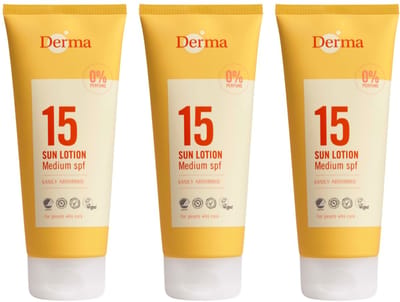 Derma Sun - Zonnebrand SPF15 3 x 200 ml - Waterbestendige Zonnebrand - UVA en UVB Bescherming - Parfumvrij - met Glycerine en Vitamine E - Trekt Snel In