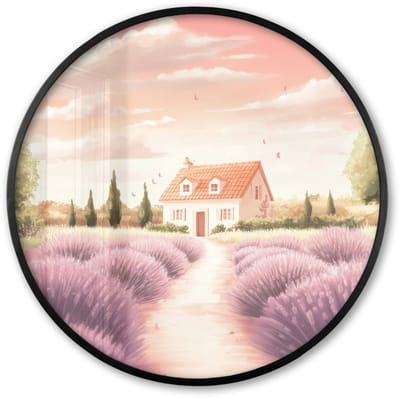 Poster in lijst Rond - Fotolijst 60x60 cm - Posters - Lavendelveld - Huis - Paars - Ronde posterlijst zwart - Decoratie - Wanddecoratie woonkamer - Muurdecoratie slaapkamer