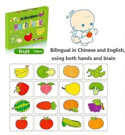 16-delige Educatieve Groente- en Fruitpuzzel Set - Match Puzzel voor Kinderen - Leer Groenten en Fruit Herkennen - Stimulatie van Cognitieve Ontwikkeling en Hand-oog Coördinatie - Geschikt voor Peuters van 0-3 Jaar - Perfect als Cadeau