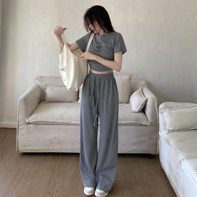 Kleine Geur Stijl Korte Korte Mouw Dunne Casual Pak voor Dames Zomer Nieuw Temperament Wijde Pijpen Sport Twee-delige Set 3XL gray