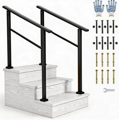 Set van 2 stuks trapleuning van aluminium met ijzeren palen, weer‑ en roestbestendig, veilig voor binnen‑ en buitengebruik op voortrappen, terrassen en trappen, inclusief handschoenen, zwart