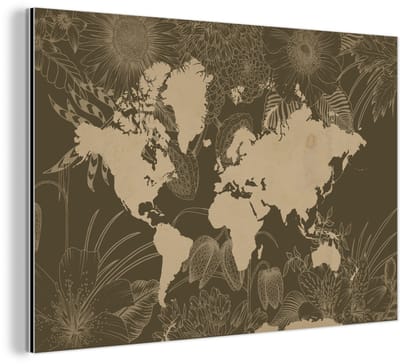 Aluminium schilderij 180x120 cm - Wanddecoratie metaal - Wereldkaart - Bloemen - Bruin - Metalen muurdecoratie woonkamer - Decoratie industrieel - Foto op dibond - Industriële accessoires slaapkamer