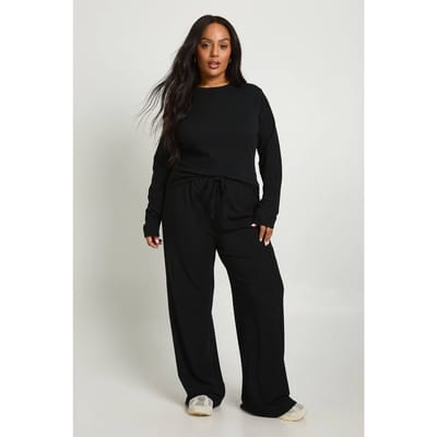 boohoo Dames Plus Rib Basic Top met Lange Mouwen & Elastische Taille Broek Co-ord | Zwart | Maat: 44