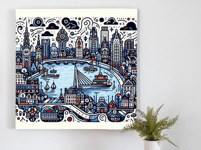 Doodle rotterdam schilderij | Rotterdamse stadsgezichten verweven tot levendige Doodle kunstwerk, een meesterwerk | Kunst - 50x50 centimeter op Dibond | Foto op Dibond