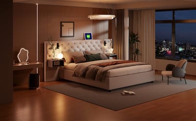 140x200cm Hydraulisch Tweepersoonsbed Met LED-Hoofdbord, 2 Bedside Laden En Opbergruimte Onder Het Bed, Luxe Fluwelen Stoffering，Beige