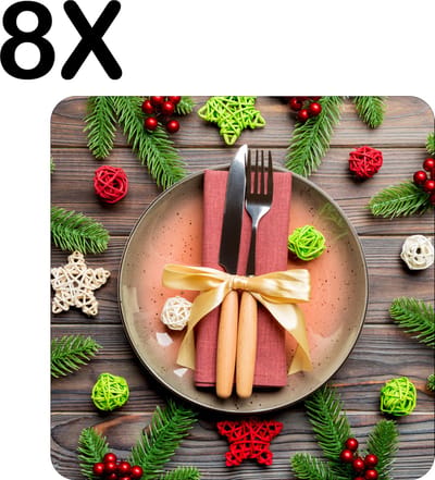 Luxe Placemat - Kerst Diner Gedekte Tafel - Set van 8 Placemats - 50x50 cm - 2 mm dik Vinyl - Anti Slip - Afneembaar