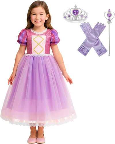 Joya Kids® Paarse Prinsessenjurk meisje | Verkleedjurken meisjes | Prinses met Lange Vlecht jurk Roze en Paars | Met Kroon en Toverstaf | maat 104/110 (110)
