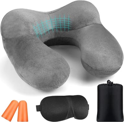 Ergonomisch Reiskussen - Opblaasbaar Nekkussen van Zacht Fluweel voor Vliegtuig, Auto en Camping met Oordopjes en Comfortabele Ondersteuning