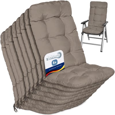 Beautissu Flair HL Stoelkussen Set 8x Hoge Rugleuning 120x50x8 cm Taupe – Tuinstoelkussen