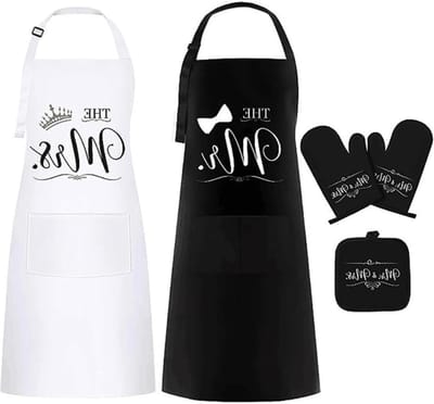 Persoonlijke Keuken Schort Set met Ovenwanten en Pannenonderzetters voor Koken en Bakken, Geschikt voor Mannen en Vrouwen, Zwart en Wit, Keukenaccessoires