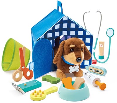 Hape Dierenarts Speelset - Interactieve puppy, dierenartskoffertje en hondenhok, 16 delig, 3 jaar+