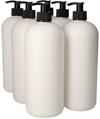 6 x Gerecyclede Plastic Fles 1000 ml Dispenserpomp, zwart - Rond- Gerecycled HDPE Kunststof - Onbreekbaar - ca. 70% minder Co2 uitstoot door gerecycled materiaal - 6 stuks