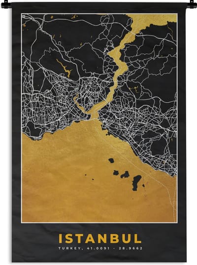 Wandkleed - Wanddoek - Istanbul - Plattegrond - Goud - Stadskaart - Kaart - 120x180 cm - Wandtapijt