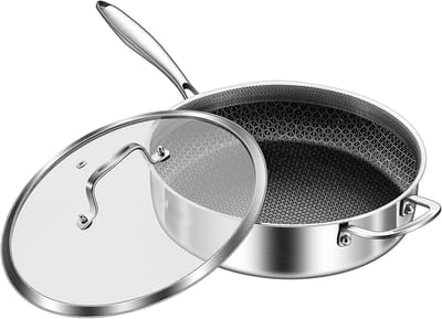 Koekenpan met Deksel - Hapjespan Bakpan - Gelijkmatig Koken - Tri-Ply Roestvrij Staal - 30 cm - Zilver