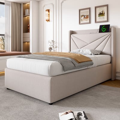 REDOM Opbergbed 90x200 cm – Katoen-linnen – Hydraulisch – USB/Type-C – Beige