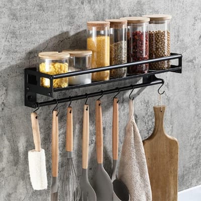 GELLDG Keukenrek met haken - Keukenrek om aan de muur te hangen - Keukenrek met haken - Kan worden bevestigd met lijm of door te boren - Met 8 haken - Wandrek voor het opbergen van keukengerei - 40 cm
