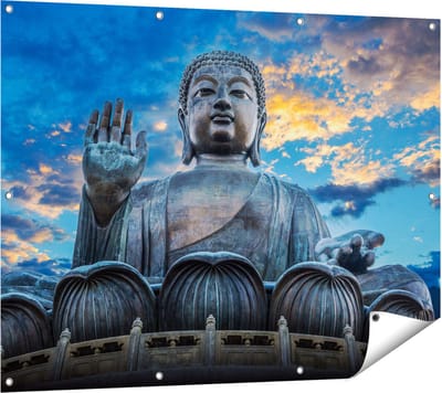 Gards Tuinposter Boeddha Beeld bij een Tempel - 120x90 cm - Tuindoek - Tuindecoratie - Wanddecoratie buiten - Tuinschilderij