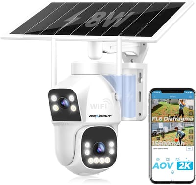 GENBOLT Beveiligingscamera Buiten Wifi- Draadloos met 8W Zonnepaneel- 24/7 AOV- Dual Lens PTZ- AI Detectie- Kleur Nachtzicht