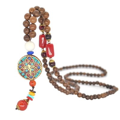Bixorp Boeddha Boho Ketting van Hout met Bal Hanger - Houten Boeddhistische Kralenketting - 80cm