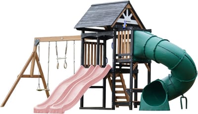 AXI Cody Speeltoestel met Schommels, Trapeze en Klimwand – Pastel Roze Dubbele Glijbaan – Met Buisglijbaan - Met Picknickbank - FSC 100% hout – Speeltoren voor de tuin / buiten