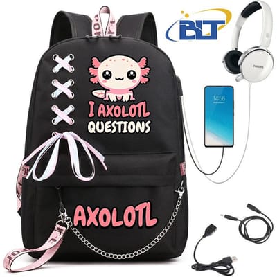 Schattige Axolotl bedrukte studentenschooltas voor meisjes zwarte rugzak usb kindertas casual tas terug naar school cadeau