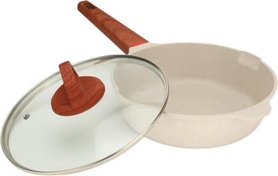 Maifan Stenen Koekenpan - Koekenpan met deksel - Ontbijt bereiden - Maifan steen antiaanbaklaag - 24 cm - Ivoorwit