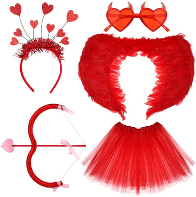 Dailygoods- Cupido Kostuum 6-delig - Kostuumaccessoires - Verenvleugels - Pijl en Boog - Tutu - Hart Hoofdband - Verkleedkostuum