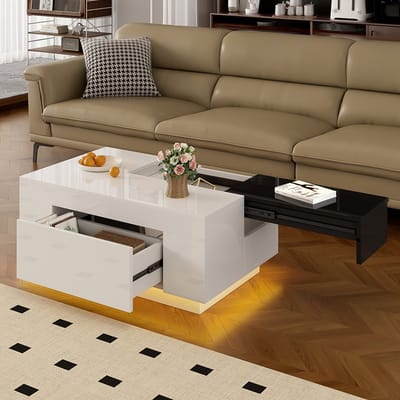 BLACKCOLORS Glanzende salontafel met ledverlichting, zwart-wit uitschuifbaar blad, verborgen opbergruimte en ledstrip in 16 kleuren: de ideale keuze voor een elegante woonkamer