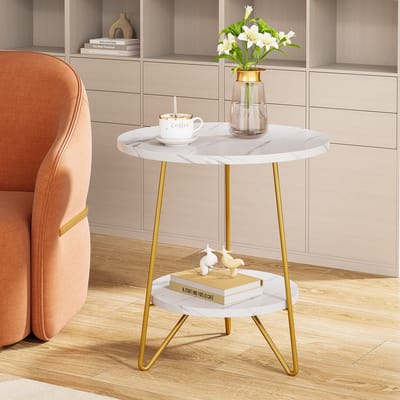 Pugsdrly Ronde bijzettafel, salontafel met 2 niveaus, kleine tafel van kunstmarmer, moderne stijl, kleine bijzettafel voor woonkamer of slaapkamer, wit en goudkleurig (1 stuk)