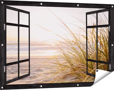 Gards Tuinposter Doorkijk Strand en Duinen tijdens Zonsondergang - 120x80 cm - Tuindoek - Tuindecoratie - Wanddecoratie buiten - Tuinschilderij