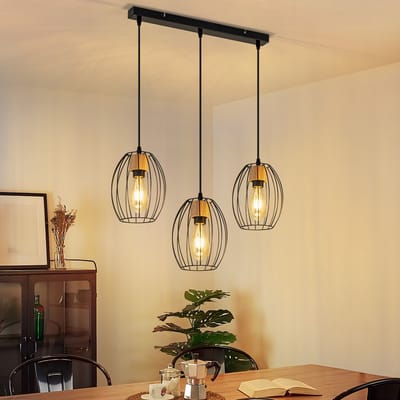 NETTLIFE E27 Vintage Hanglamp - Eetkamer Pendellamp - 3 Lichts - Zwart Metaal En Hout - Retro Design - Voor Woonkamer Slaapkamer Keuken - Zonder Lamp