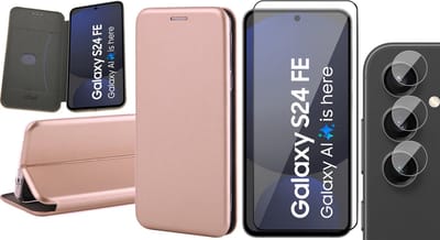 Hoesje geschikt voor Samsung Galaxy S24 FE - Screenprotector Volledig Dekkend Glas & Camera - Wallet Book Case Rosegoud
