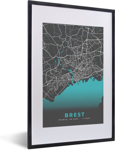 Fotolijst incl. Poster - Kaart - Stadskaart - Brest - Frankrijk - Plattegrond - 40x60 cm - Posterlijst