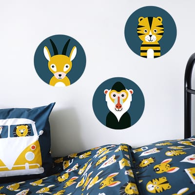 Muurcirkel set Safari donker blauw 3x 30cm - muursticker - safari - dieren - safarikamer - tijger - baviaan - aap - gazelle - safarikinderkamer - jongenskamer - muurdecoratie - kinderkamerstyling – kinderkameraccessoire