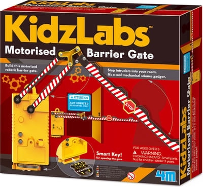 4M KidzLabs: GEMOTORISEERDE SLAGBOOM 64cm, met slimme sleutel voor het openen van de poort, met gedetailleerde instructies, werkt op 2x1.5V AAA batterijen (niet inbegrepen), in doos, 5+