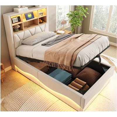 ModernLuxe Kinderopbergbed 90x200 cm - met LED-lichtstrip - met USB-oplaadpoort - linnen - beige (zonder matras)