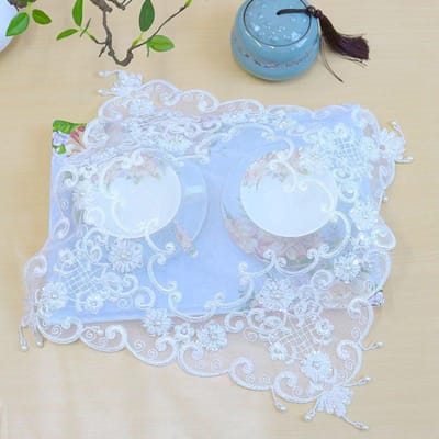NOUVEAU Perles blanches fleurs Broderie nappe couverture mariage thé nappe cuisine Noël Décoration de table et accessoires square 38cm