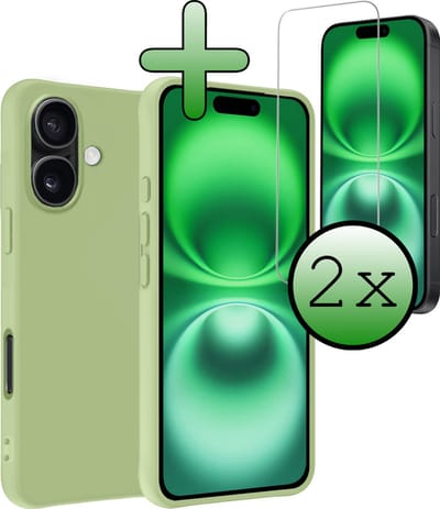 Hoesje Met 2x Screenprotector - Geschikt voor Apple iPhone 16 - Sterk & Shockproof - Back Cover - Siliconen Case - Telefoon Hoes - Groen