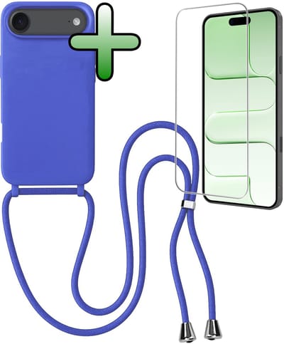 Hoes Geschikt voor iPhone Air Hoesje Met Koord Met Screenprotector - Telefoonhoesje Geschikt voor iPhone Air Backcover Met Afneembaar Koord - Felblauw