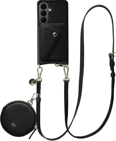 AVY Leren Hoesje geschikt voor Samsung Galaxy S26 Plus | Met Koord, Wallet en Pouch | Compatibel met MagSafe | Leather Case met 130CM Koord | Long Leather | Zwart