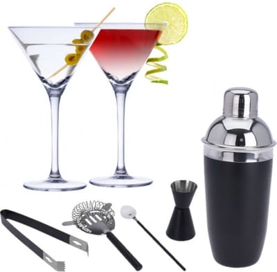 Set van 4x Martini cocktailglazen met zwarte 5-delige cocktailshaker set RVS - 220 ml - Cocktails drinken - Cocktails
