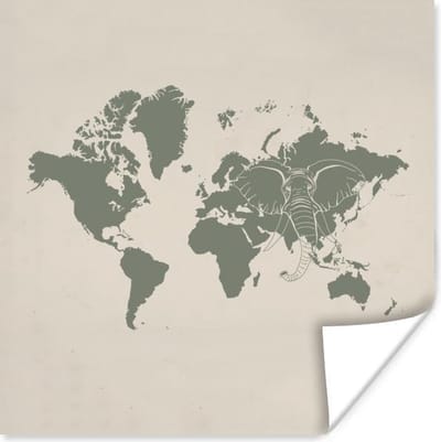 Poster 30x30 cm - Wereldkaart - Olifant - Grijs - Posters - Kamer decoratie - Wanddecoratie woonkamer - Muurdecoratie slaapkamer
