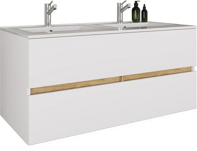 VCM 2-tlg. Doppelwaschtisch Cosila mit großem Keramikbecken – Badschrank mit 2 Softclose-Schubladen, Maße Waschplatz Set: H. 51 x B. 112 x T. 47 cm, Cosila-I